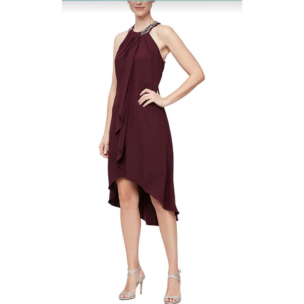 NEW Purple SLNY Formal Beaded Jewel Neck Halter Dress 16